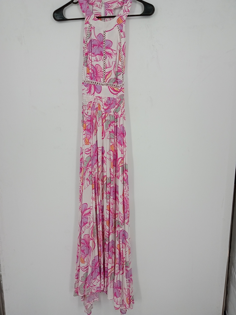 Abel The Label Sleeveless Pink Floral Halter Maxi Dress with Smocked Waistband